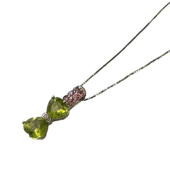 Chartreuse green peridot and pink gemstone bow pendant necklace 🎀💚 - Picture 8 of 9